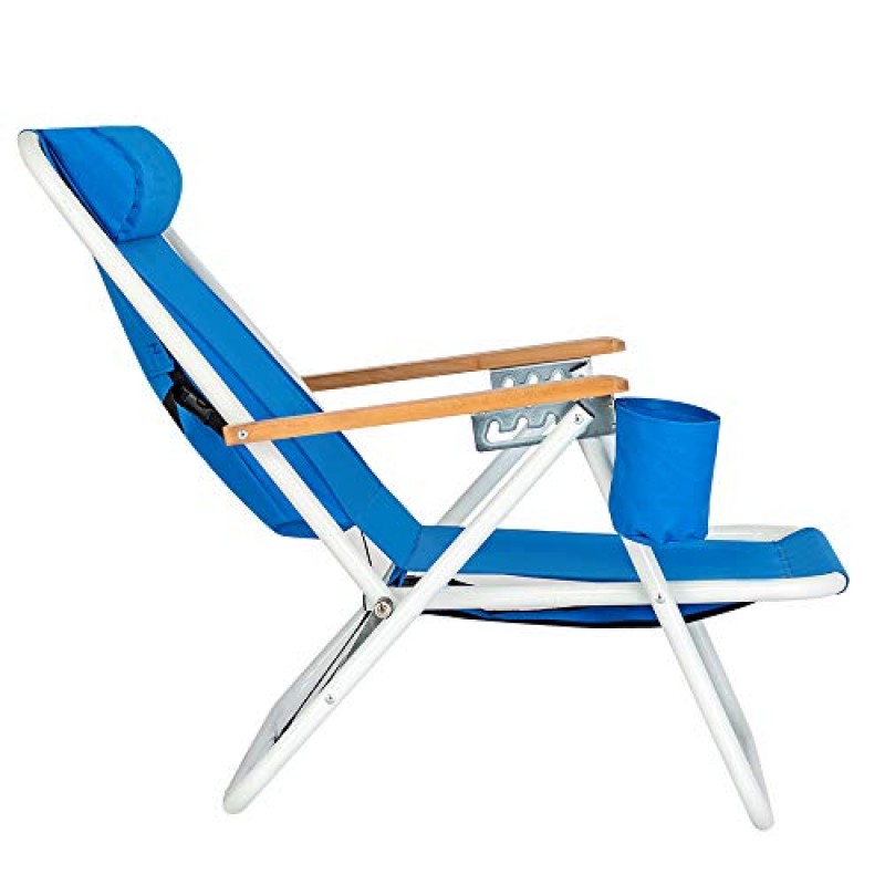 Outvita 접이식 비치 의자 조정 가능한 머리 받침(4개의 유연한 기울기 각도, 컵 홀더 포함) 휴대용 고강도 청소 가능 패브릭, 모래 캠핑 잔디 콘서트 여행 축제 블루용