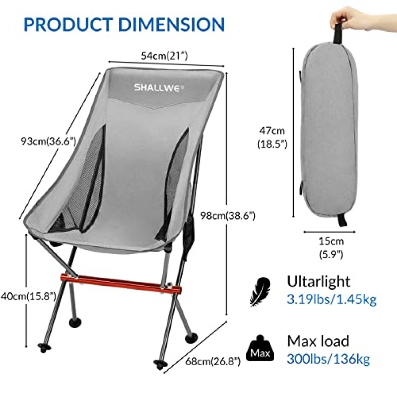 SHALLWE 초경량 하이백 접이식 캠핑 의자, 성인용 모든 알루미늄 프레임 업그레이드, 내장 베개, 사이드 포켓 ​​및 휴대용 가방, 야외 배낭 여행을 위한 컴팩트 & 헤비 듀티(실버)