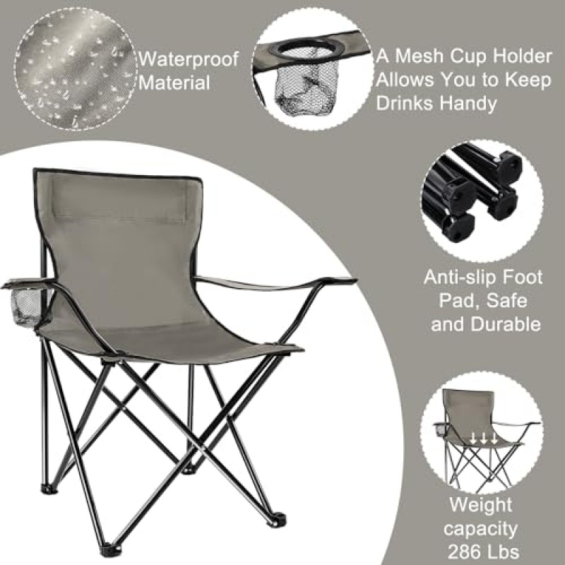 4 팩 야외 접이식 의자 캠프 의자 비치 의자 휴대용 접이식 캠핑 의자 경량 잔디 의자 컵 홀더가 있는 접이식 스포츠 의자 휴대용 가방(회색, 21.3 x 21.3 x 35.4 인치)