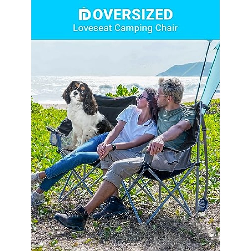 Loveseat 캠핑 의자 성인 2인 외부 피크닉 해변 여행을 위한 대형 더블 캠핑 의자, Love Seat 캠프 의자, 대형, 검정/회색