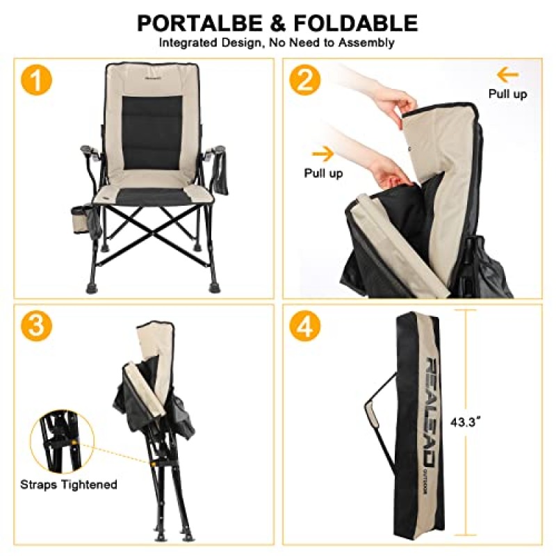 REALEAD 온열 캠핑 의자 - 완전 패딩 처리 - 외부용 고강도 접이식 의자, 400lbs 지원, 스포츠 이벤트, 콘서트, 해변용 휴대용 야외 캠프 의자