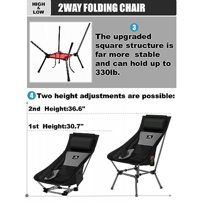 AnYoker 캠핑 의자, 2방향 컴팩트 백패킹 의자, 휴대용 접이식 의자, 사이드 포켓과 머리 받침대가 있는 비치 의자, 경량 하이킹 의자 0166WB(블랙 2팩)