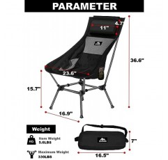 AnYoker 캠핑 의자, 2방향 컴팩트 백패킹 의자, 휴대용 접이식 의자, 사이드 포켓과 머리 받침대가 있는 비치 의자, 경량 하이킹 의자 0166WB(블랙 2팩)
