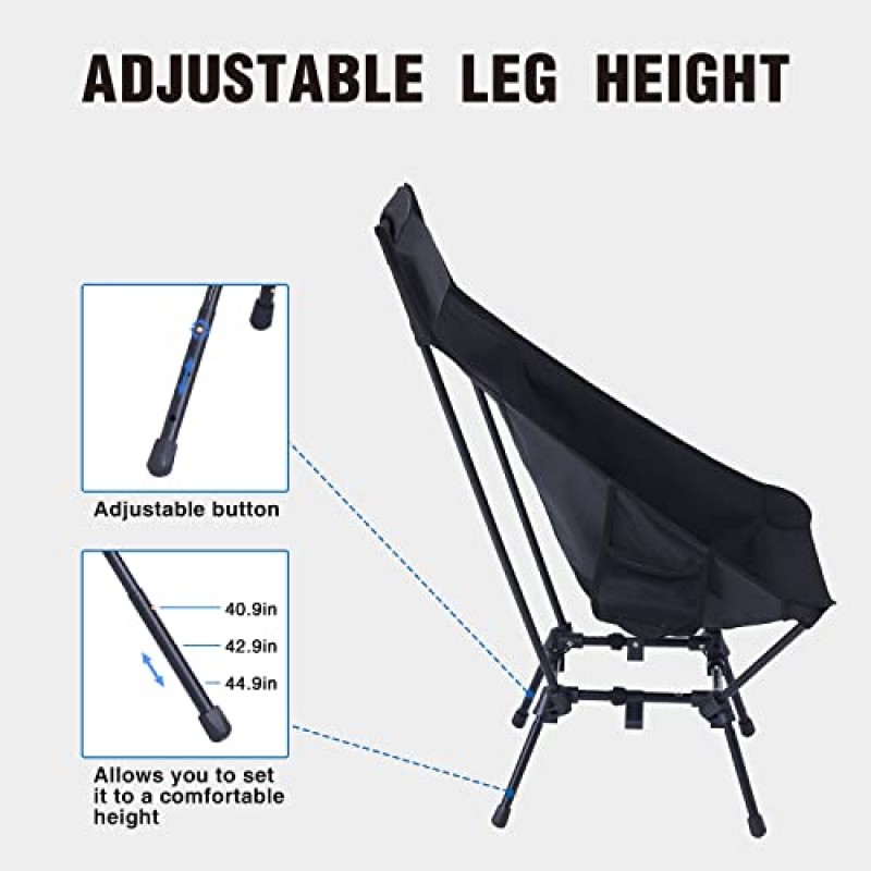 MOON LENCE 성인용 캠핑 의자, 조절 가능한 특대 해변 의자 잔디 의자, 등받이가 높음 - 대용량, 헤비 듀티 - 배낭 여행용 의자 하이킹 낚시용 접이식 의자