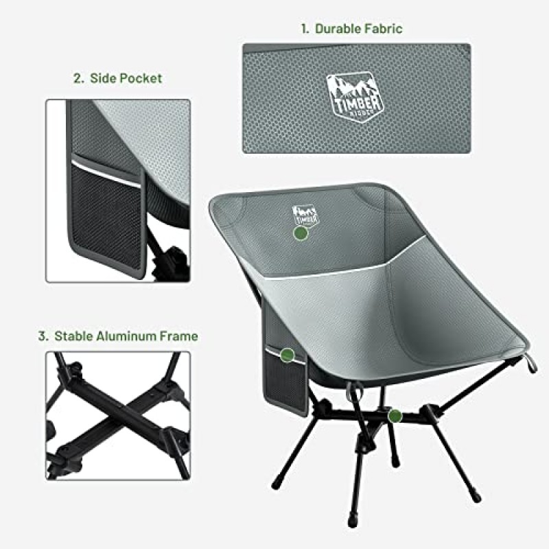 TIMBER RIDGE 캠핑 의자 2 팩, 초경량 컴팩트 휴대용 접이식 의자(사이드 포켓 ​​포함) 포장 가능 경량 캠핑 배낭 하이킹 해변 그레이