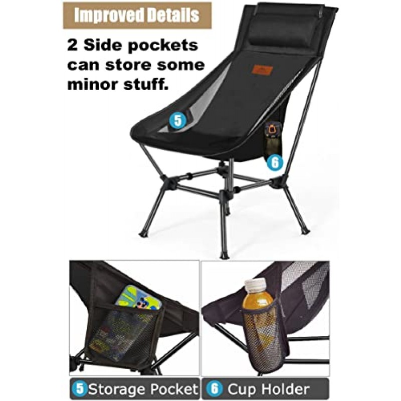 AnYoker 캠핑 의자, 2방향 컴팩트 백패킹 의자, 휴대용 접이식 의자, 사이드 포켓과 머리 받침대가 있는 비치 의자, 경량 하이킹 의자 0166BHC(블랙 2팩)