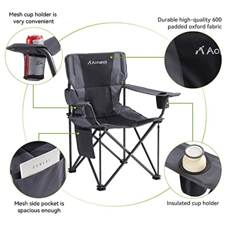 Aohanoi 캠핑 의자, 무거운 사람들을 위한 캠핑 의자, 매우 넓은 좌석이 있는 특대 야외 접이식 달 의자, 최대 500lbs까지 지원하는 접이식 의자, 검정색 2개