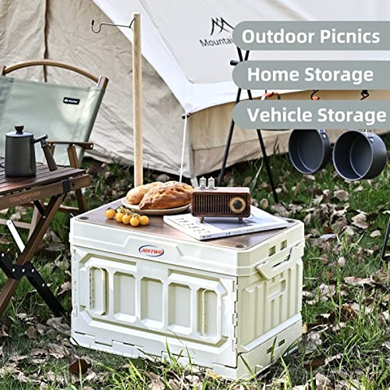 Joytwo 65L 접이식 캠핑 보관 상자, 라이트 스탠드 실리콘 패드가 있는 캠프 주방 상자, 자동차 홈 보관을 위한 다기능 쌓을 수 있는 야외 캠핑 보관 상자(흰색 녹색)