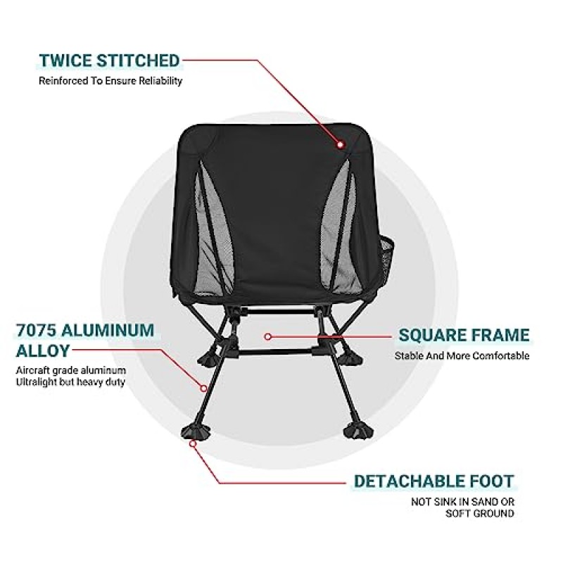 배낭 여행 하이킹을 위한 ATEPA 초경량 캠핑 의자, 성인을 위한 휴대용 소형 경량 접이식 캠프 의자 - 해변 잔디밭 여행용 바베큐 야외용 침몰 방지 다리가 있는 사각형 알루미늄 프레임