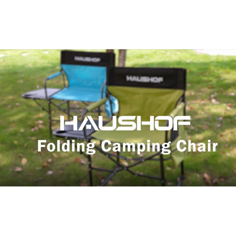 사이드 테이블과 수납 포켓이 있는 HAUSHOF 캠핑 의자, 휴대용 접이식 디렉터 의자, 성인용 헤비 듀티 캠프 의자 야외 낚시 해변, 블루