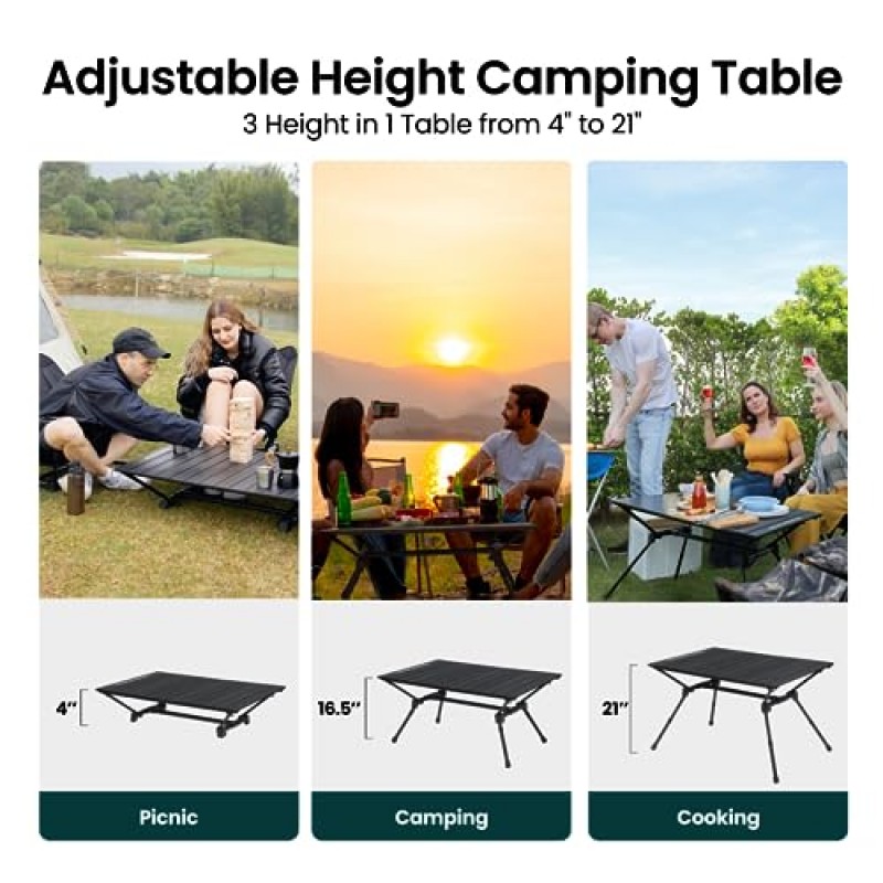 MISSION MOUNTAIN S4 캠핑 테이블, 휴대용 가방이 있는 야외 접이식 테이블, 높이 조절이 가능한 알루미늄 롤업 캠프 테이블, 휴대용 피크닉 테이블, 해변, 뒷마당, 바비큐를 위한 안정적이고 내구성이 뛰어난 탁상(검은색)