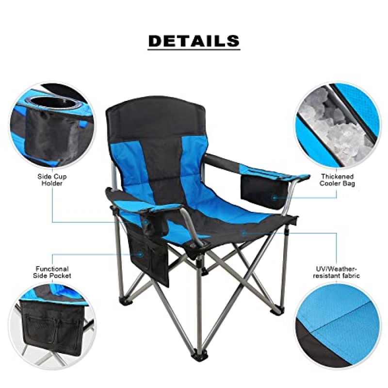 성인용 해변 의자, 대형 캠핑 의자 500lb, 외부용 접이식 의자, 팔걸이가 있는 견고한 휴대용 의자, 쿨러 백, 사이드 포켓, 컵 홀더, 야외 접이식 캠핑 의자