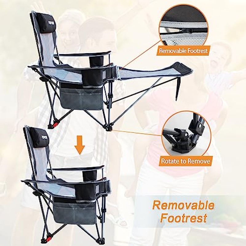 머리 받침, 면 쿠션, 성인용 휴대용 조절 접이식 의자가 있는 탈착식 발판 라운지 의자가 있는 POEPORE 리클라이닝 캠핑 의자