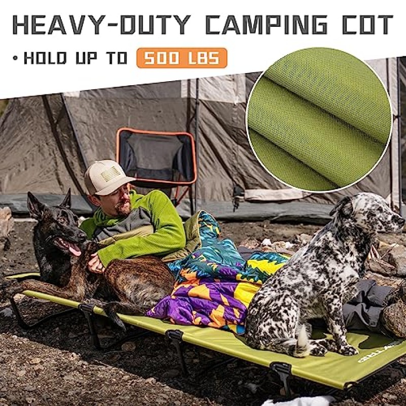 HEYTRIP 엑스트라 와이드 접이식 캠핑 침대, 사이드 포켓이 있는 조용한 슬리핑 침대, XXL 캠핑 침대 지원 500lb, 캠프 침대 운반 가방이 있는 경량 접이식 침대, 배낭용 침대 자동차 캠핑 야외(녹색)