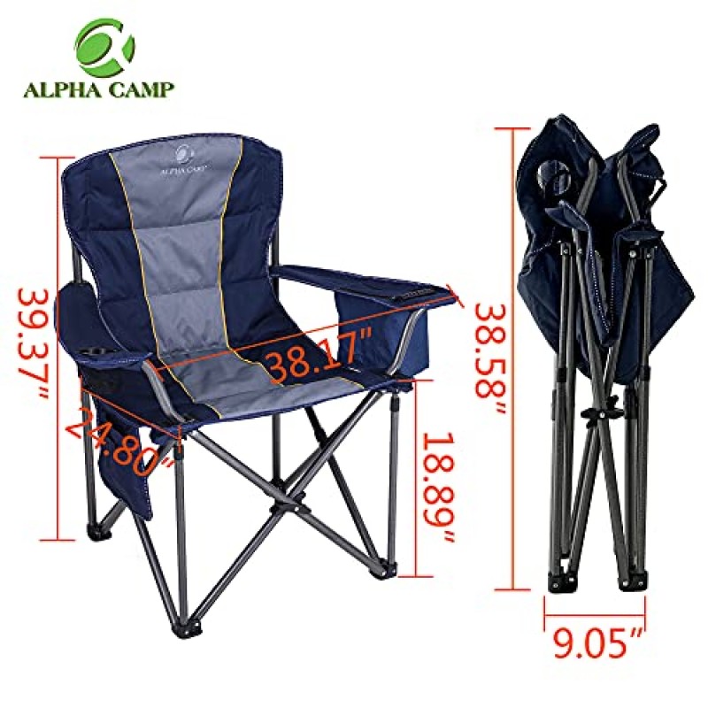 ALPHA CAMP 대형 캠핑 접이식 의자 헤비 듀티 쿨러 백 지원 450 LBS 강철 프레임 접을 수 있는 패딩 처리된 팔 쿼드 요추 등받이 의자 잔디 야외용 휴대용, 파란색