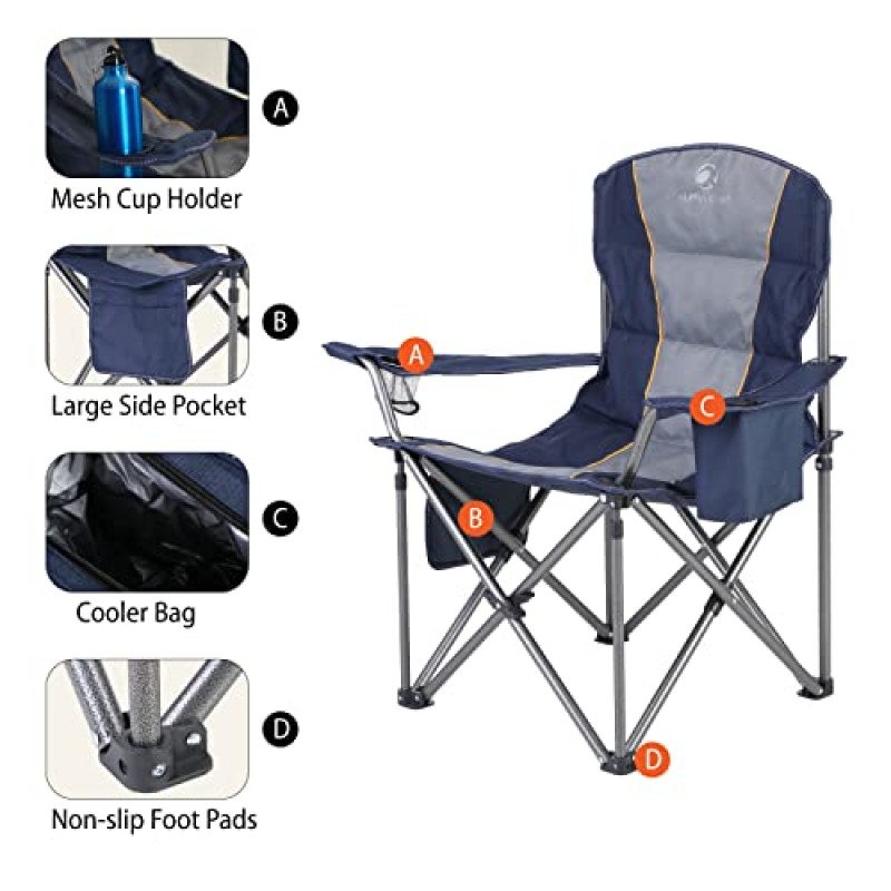 ALPHA CAMP 대형 접이식 캠핑 의자, 쿨러 백이 포함된 견고한 휴대용 잔디 의자, 측면 포켓 및 컵 홀더, 외부 지지용 접이식 의자 450 LBS