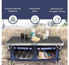 수납칸이 있는 HYMnature 접이식 캠핑 테이블 알루미늄 경량 캠프 주방 테이블 높이 조절 가능 실내/실외 테이블 뒷마당, 뒷마당, 바비큐, 피크닉, 블랙에 적합