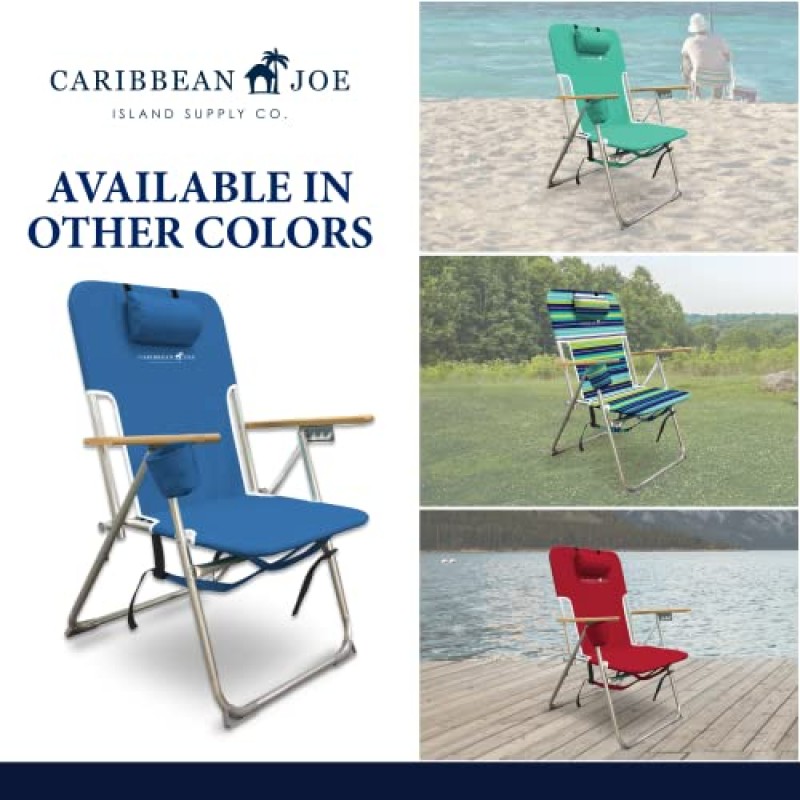 Caribbean Joe 접이식 해변 의자, 머리 받침대, 컵 홀더 및 나무 팔걸이가 있는 4 위치 휴대용 배낭 접이식 캠핑 의자, 파란색