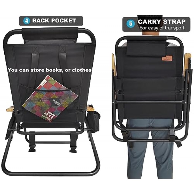 AnYoker 캠핑 의자, 2방향 컴팩트 백패킹 의자, 휴대용 접이식 의자, 사이드 포켓과 머리 받침대가 있는 해변 의자, 경량 하이킹 의자 SDTJYMZ(블랙 2팩)