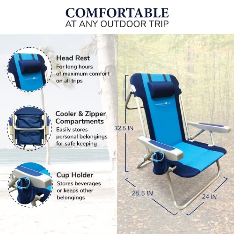 Caribbean Joe 접이식 해변 의자, 머리 받침대, 컵 홀더 및 팔걸이가 있는 5위치 휴대용 배낭 접이식 캠핑 의자, 네이비/블루