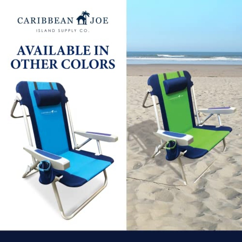 Caribbean Joe 접이식 해변 의자, 머리 받침대, 컵 홀더 및 팔걸이가 있는 5위치 휴대용 배낭 접이식 캠핑 의자, 네이비/블루