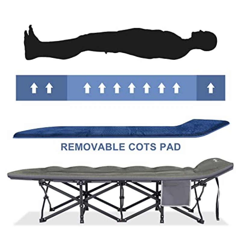 쿠션과 베개가 포함된 성인용 YOUGYM 접이식 캠핑 침대, 추가 탈착식 플란넬 매트리스가 포함된 헤비 듀티 XL 와이드 캠프 침대 74.8(L) x27.6(W) 인치, 캠핑용 휴대용 야외 침대