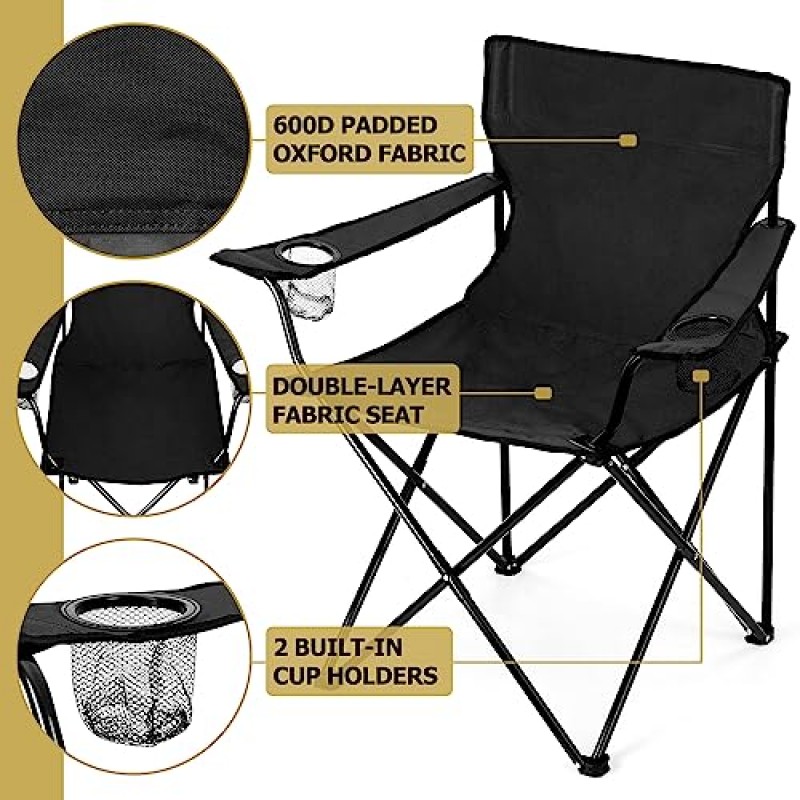 Leonyo 2Pcs 접이식 캠핑 의자, 컵 홀더가 있는 성인용 야외 잔디 의자, 외부 해변, 스포츠, 하이킹, 블랙용 운반 가방이 있는 휴대용 캠프 의자