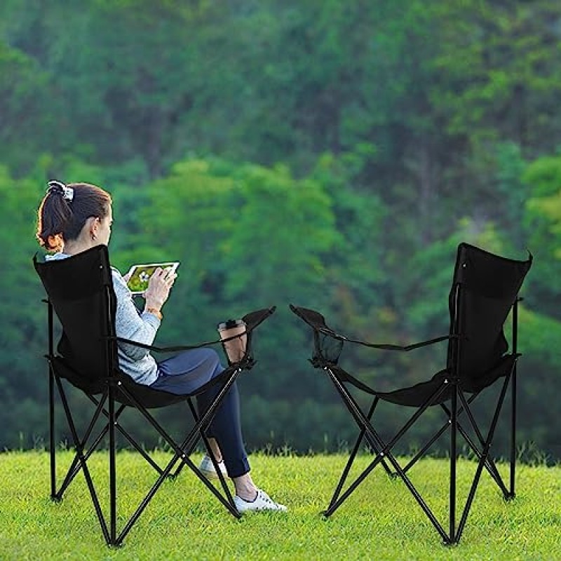 Leonyo 2Pcs 접이식 캠핑 의자, 컵 홀더가 있는 성인용 야외 잔디 의자, 외부 해변, 스포츠, 하이킹, 블랙용 운반 가방이 있는 휴대용 캠프 의자