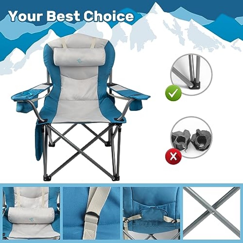 요추 지지대 및 머리 받침이 있는 대형 캠핑 의자, 성인용 접이식 해변 의자, 대형 캠핑 의자, 팔걸이가 있는 패딩 캠핑 의자, 쿨러 백, 사이드 포켓, 컵 홀더
