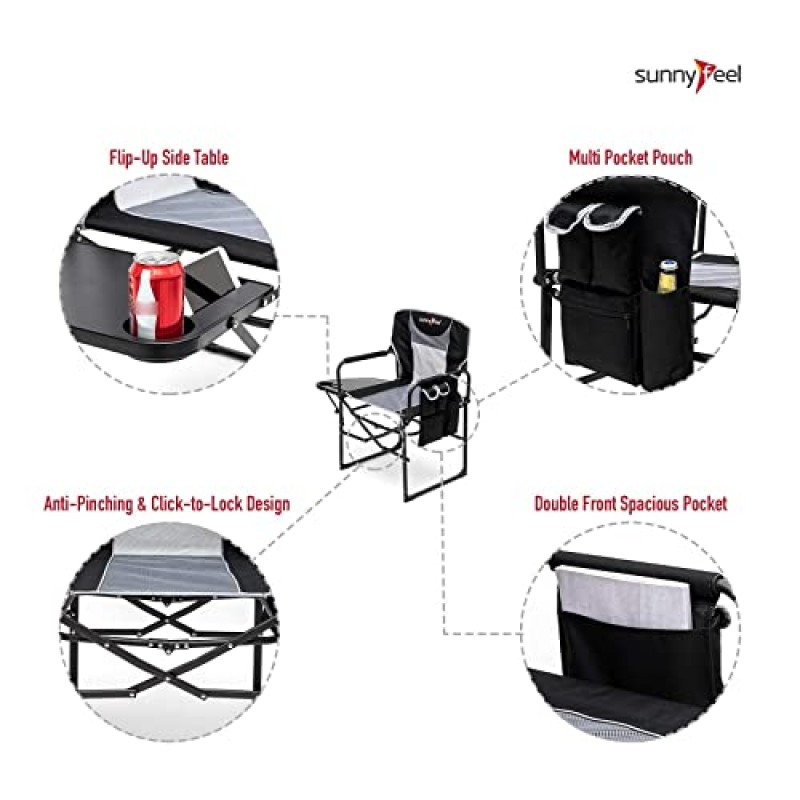 SUNNYFEEL 캠핑 디렉터 의자, 헤비 듀티, 사이드 테이블이 있는 대형 휴대용 접이식 의자, 해변용 포켓, 낚시, 여행, 피크닉, 잔디밭, 콘서트 야외 접이식 캠프 의자