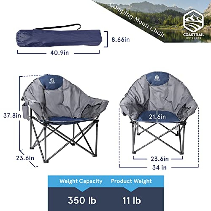 Coastrail 야외 캠핑 의자 요추 지지대, 쿨러 백, 컵 홀더 및 사이드 포켓, 추가 헤드 포켓이 있는 대형 패딩 접이식 쿼드 암 의자, 400lbs 지원