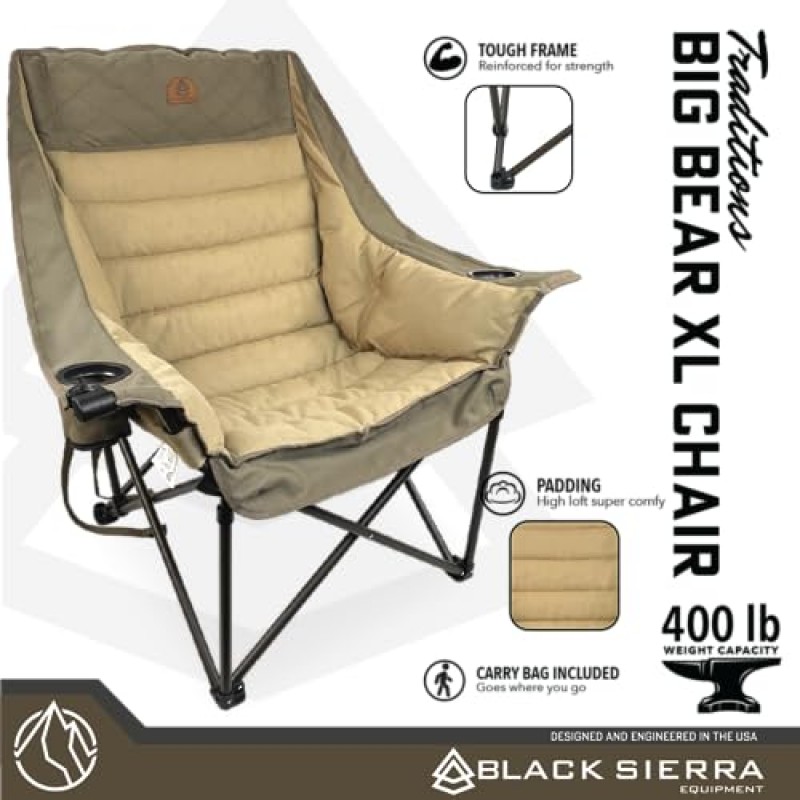 블랙 시에라 XL 패딩 처리된 특대 캠핑 의자, 내구성이 뛰어난 접이식 의자, 컵 홀더 및 휴대 가방 포함, 접이식 야외 가구, 내구성이 뛰어난 잔디 의자 지지대 400lbs(Traditions Tan)