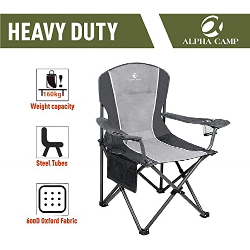 ALPHA CAMP 대형 캠핑 접이식 의자 고강도 강철 프레임 지원 350 LBS 접이식 패딩 팔 의자(컵 홀더 포함) 쿼드 요추 등받이 의자 휴대용 야외/실내용