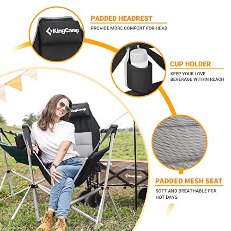 KingCamp 해먹 캠핑 의자, 알루미늄 합금 조절 가능한 등받이 스윙 의자, 베개 컵 홀더가 있는 접이식 흔들 의자, 야외 여행 스포츠 게임용 안락 의자 잔디 콘서트 뒷마당