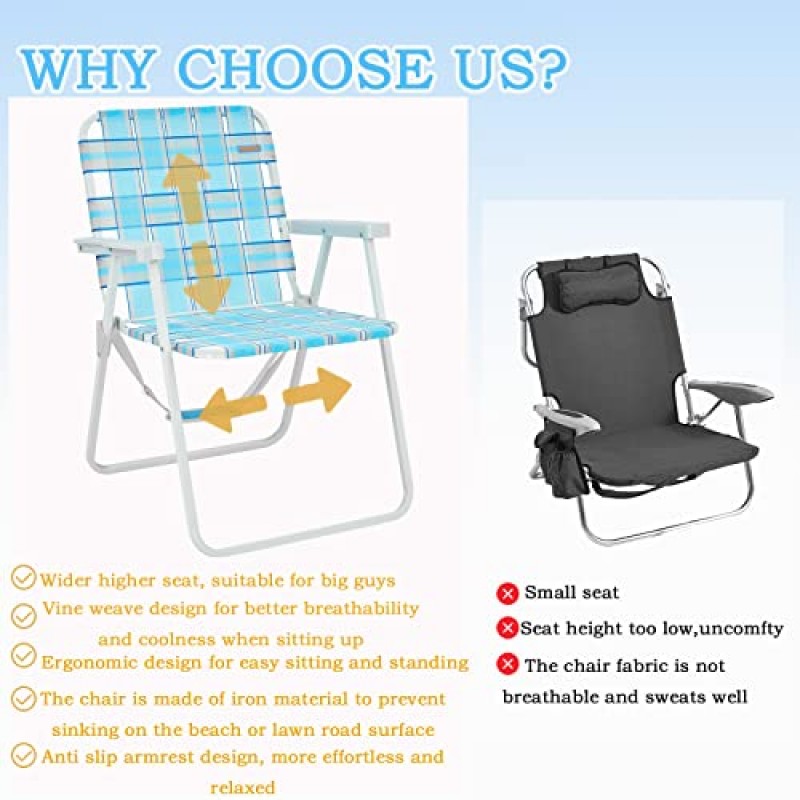 #WEJOY 경량 웨빙 비치 의자 성인용 웹용 배낭 스트랩이 있는 접이식 물갈퀴 비치 의자 잔디 의자 휴대용 하이백 캠핑 의자 모래, 콘서트, 정원용 야외 접이식 의자