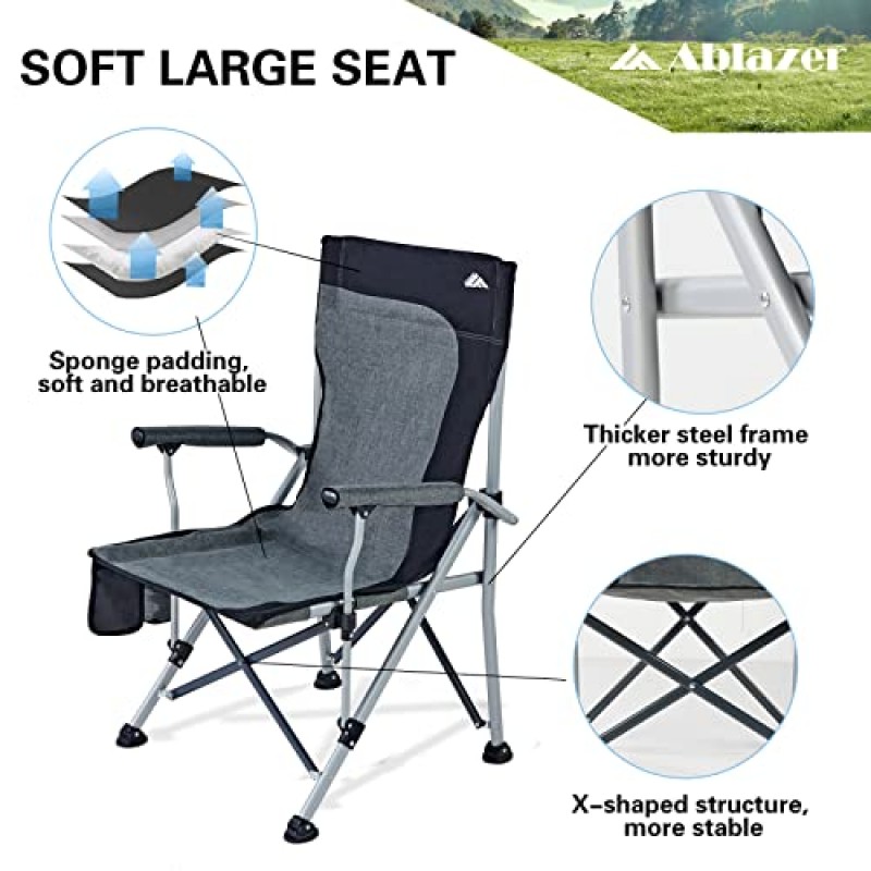 Ablazer 2 팩 성인용 캠핑 의자, 휴대용 사냥 의자는 350lbs를 지원합니다. 캠핑용 대형 헤비 듀티 접이식 의자 측면 포켓이 있는 패딩 시트 야외 잔디 접이식 의자