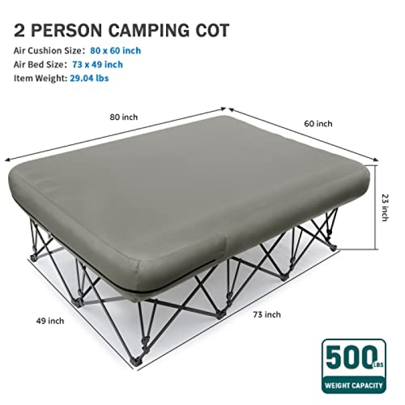 KAMPKEEPER 2인용 캠핑 침대, 팽창식 에어 매트리스 및 휴대용 가방이 포함된 접이식 캠핑 침대, 야외 여행 캠프 해변 휴가용, 500lbs 지원(에어 펌프는 포함되지 않음)