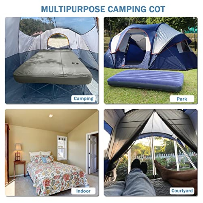 KAMPKEEPER 2인용 캠핑 침대, 팽창식 에어 매트리스 및 휴대용 가방이 포함된 접이식 캠핑 침대, 야외 여행 캠프 해변 휴가용, 500lbs 지원(에어 펌프는 포함되지 않음)