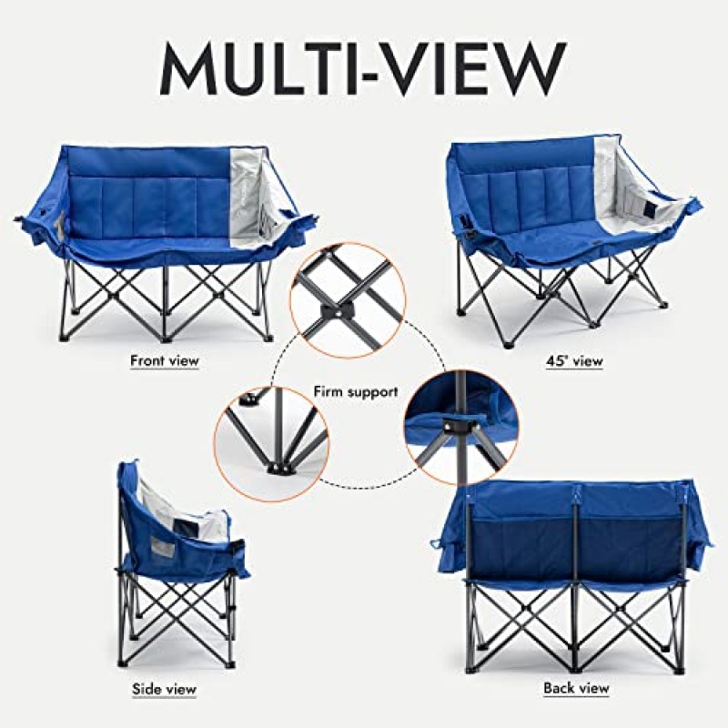 Dowinx 더블 캠핑 의자 측면 포켓이 있는 휴대용 접이식 야외 이인용 의자, 해변/야외/파티오용 잔디 의자 캠핑 소파, 패딩 시트 및 팔걸이는 최대 440lbs 지원, 블루