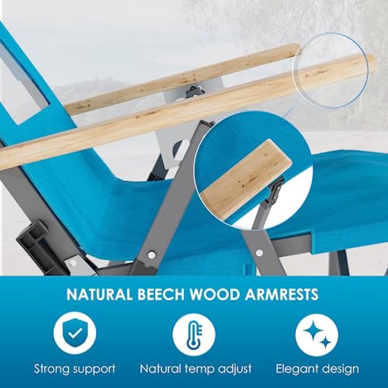 단단한 나무 팔걸이와 리클라이닝 하이백이 있는 캠핑 접이식 의자 - 휴대용 접이식 해변 잔디 의자, 컵 홀더가 있는 성인용 야외 컴팩트 캠프 의자