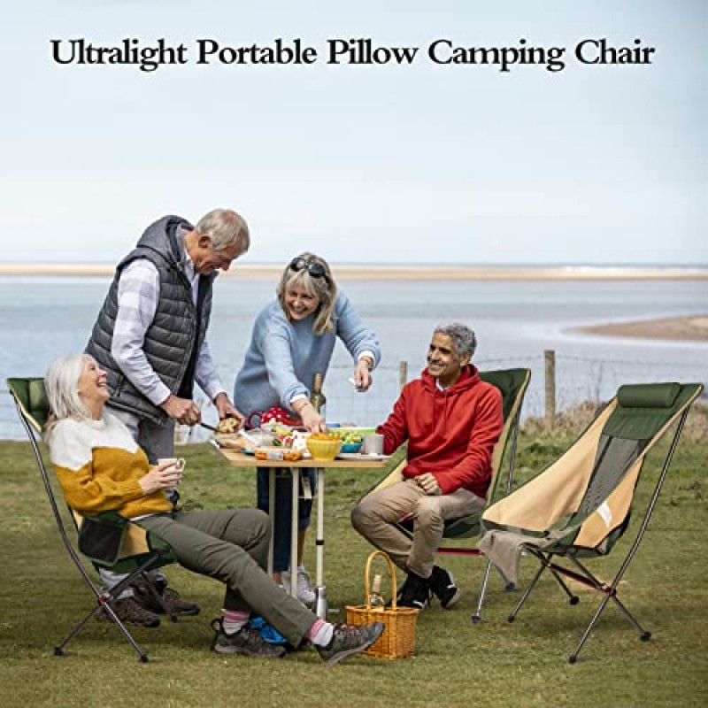 VOOVY 초경량 하이백 접이식 캠핑 의자, 전체 알루미늄 휴대용 의자, 사이드 포켓 ​​및 휴대용 가방이 포함된 탈착식 베개, 야외 배낭여행을 위한 콤팩트하고 견고한(노란색 녹색)