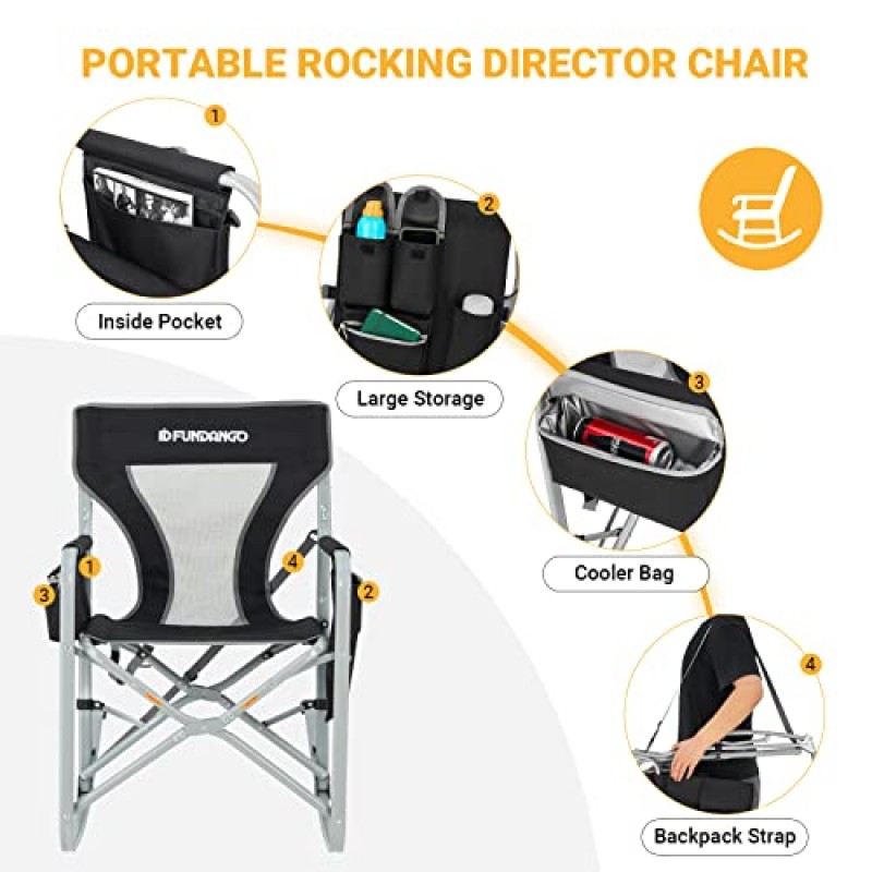 FUNDANGO 대형 캠핑 성인용 접이식 접이식 의자 야외용 사이드 팩 및 쿨러 백 포함, 블랙/GREY1