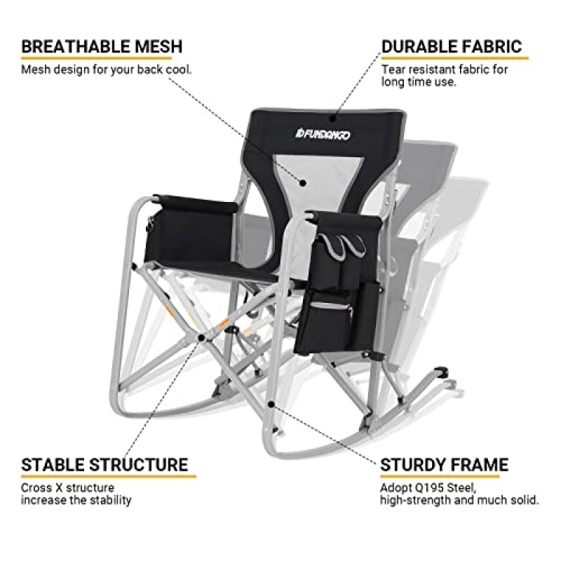 FUNDANGO 대형 캠핑 성인용 접이식 접이식 의자 야외용 사이드 팩 및 쿨러 백 포함, 블랙/GREY1