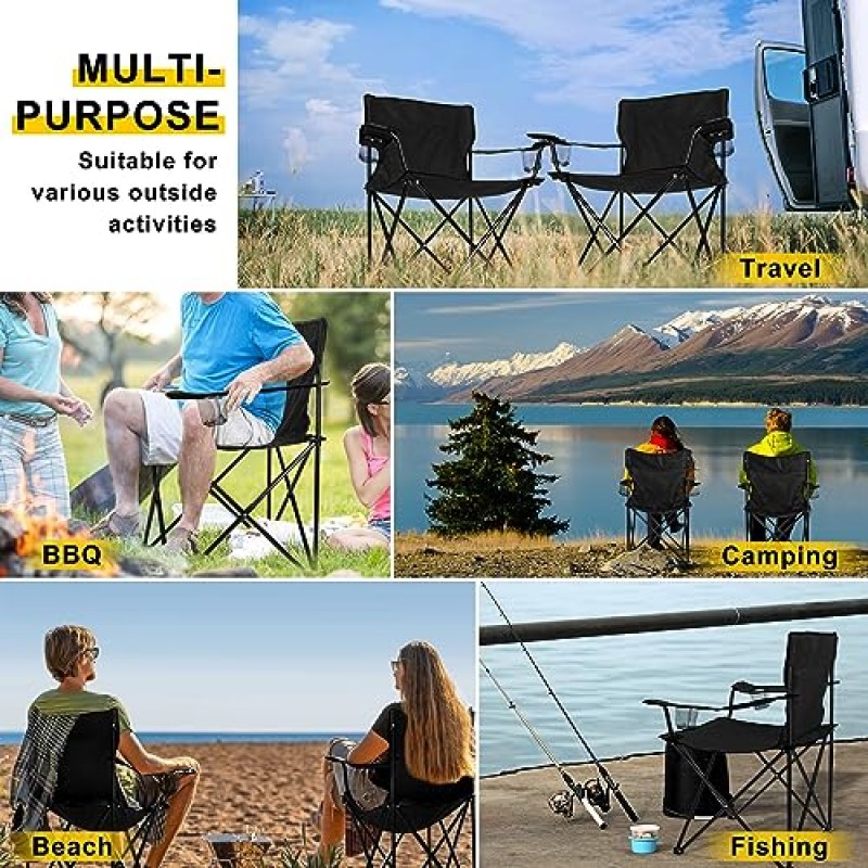 휴대용 캠핑 의자 2개 세트, 성인용 Joyfair 야외 잔디 접이식 의자, 해변, 낚시, 테일게이팅 및 기타 야외 스포츠용 헤비듀티 대형 접이식 의자, 휴대용 가방 및 컵 홀더, 블랙