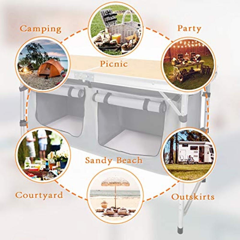 수납 기능이 있는 접이식 캠핑 테이블 경량 캠프 테이블 휴대용 실내/실외 접이식 테이블 높이 조절 가능한 캠프 주방 피크닉, 해변, 여행, 뒷마당, 뒷마당, 바비큐, 파티에 적합