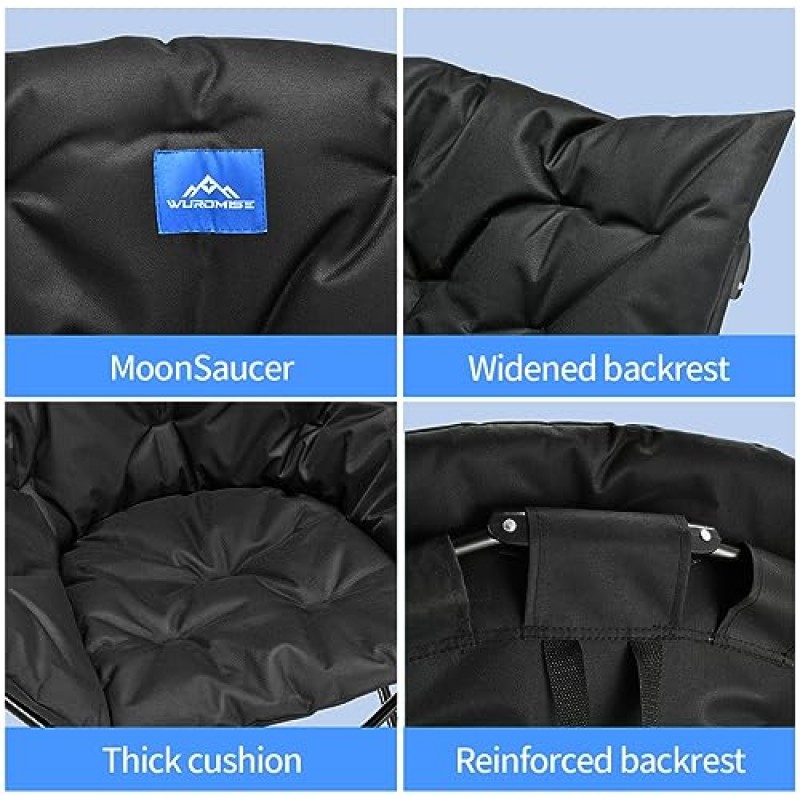 WUROMISE 대형 패딩 문 레저 캠핑, 야외, 정원, 파티용 운반 가방이 있는 휴대용 안정적이고 편안한 접이식 의자, 330LBS 지원, 검정색(회색)