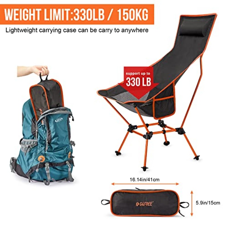 G4Free 2Pack 경량 휴대용 하이 백 캠프 의자, 접이식 의자 잔디 의자 헤비 듀티 330lbs(머리 받침 및 포켓 포함) 야외 캠프 여행 해변 여행 하이킹