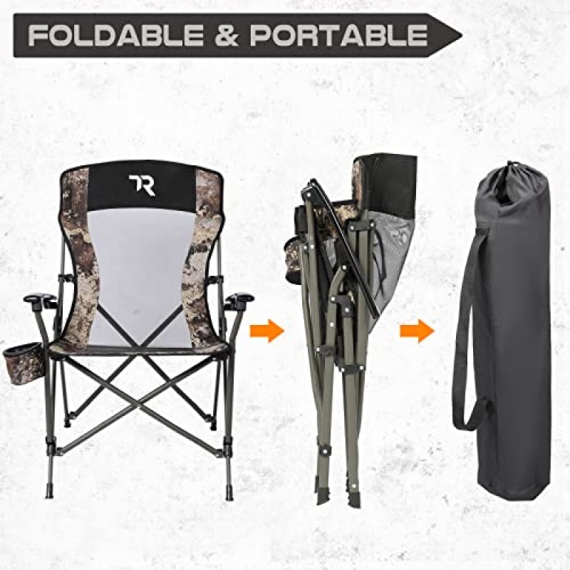 TR 접이식 캠핑 의자 단단한 팔, 성인용 휴대용 잔디 의자, 메쉬 등받이 컵 홀더가 있는 야외 의자, 300LBS 지원(Camo)