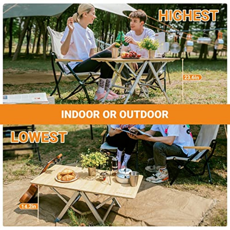 KingCamp 대나무 캠핑 테이블 휴대용 접이식 피크닉 캠핑 테이블 야외 또는 실내용 조절 가능한 높이 알루미늄 다리가 있는 경량 및 휴대용