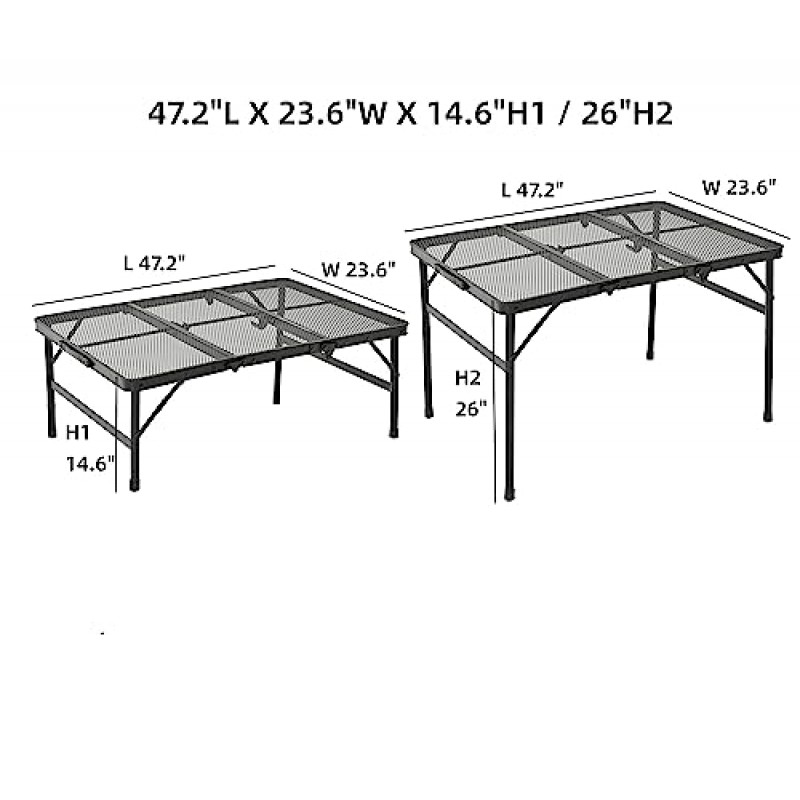 MIGOSEN 캠핑 테이블, 메쉬 데스크탑이 있는 접이식 그릴 테이블, 피크닉, 캠핑, 바비큐용 조절 가능한 높이 접이식 테이블(23.6